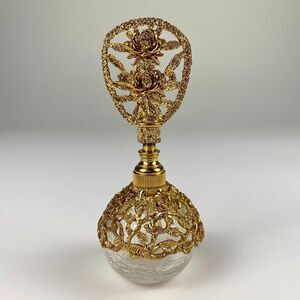 VTG Matson 6" Rose Floral Gilt Ormolu Crackle Glass Perfume Bottle Dauber Glam